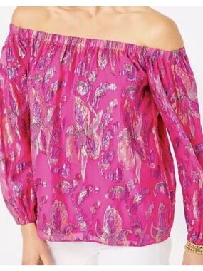 Lilly Pulitzer Metallic Floral Off-Shoulder Blouse - Fuchsia